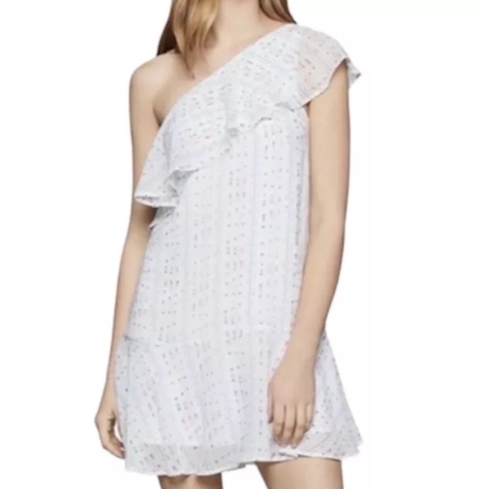 New BCBGeneration One Shoulder Ruffle Mini Dress White Spiraling Ladders Size S